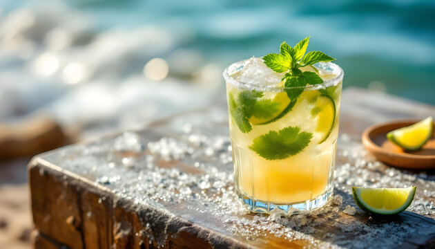 Mojito con mucho hielo en la terraza de un bar de la playa
