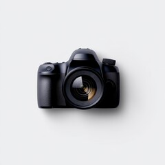 Black DSLR camera on a white background, top view. Clean, minimalist photography. 