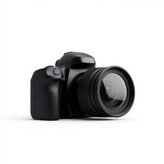 Black DSLR camera with a large lens, isolated on a white background. The camera is positioned at a three quarter angle, showcasing its details