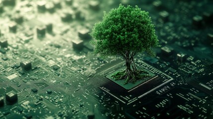 Single green tree on a circuit board background, representing technology and nature harmony. Environmental sustainability and digital innovation concept