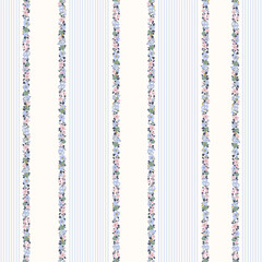 Fashionable and stylish vertical striped floral pattern in the Liberty style known as millefleurs, featuring small flowers. Vertical striped wallpaper enhances its elegance. © Zenina-Lembrik