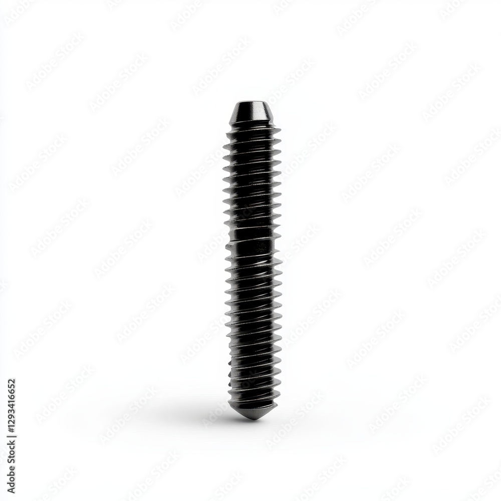 Aufkleber close up view of a black, metallic screw with a sharply defined thread pattern against a bright whit