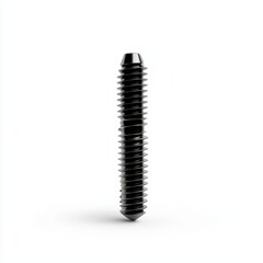 Close up view of a black, metallic screw with a sharply defined thread pattern against a bright white background. The screw is vertically oriented