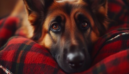 German Shepherd resting on plaid blanket indoors