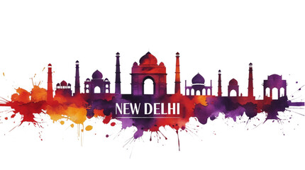 Obraz premium landscape cityscape of New Delhi | Colorful skyline depiction of famous landmarks in New Delhi showcasing vibrant culture.