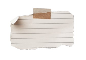 torn lined paper piece taped, isolated on white background