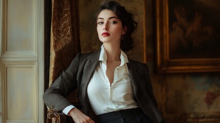 Fototapeta premium Elegant Woman in Blazer by Window 