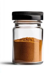 Brown powder in a clear glass jar with a black lid, set against a white background. The jar is small and cylindrical, showcasing the texture and