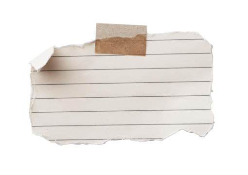torn lined paper piece taped, isolated on white background