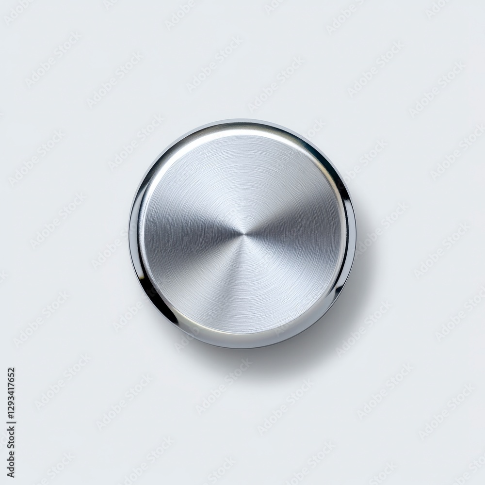 Poster close up of a metallic circular object with a brushed metal finish, exhibiting a radial pattern and 