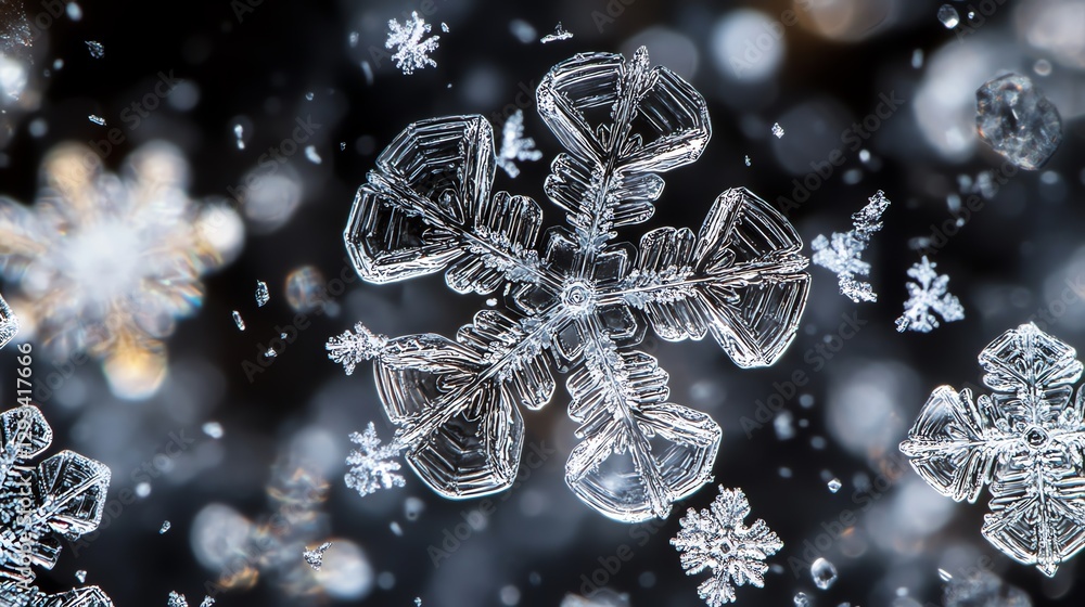 Poster intricate snowflake macro photography with detailed patterns on a dark background