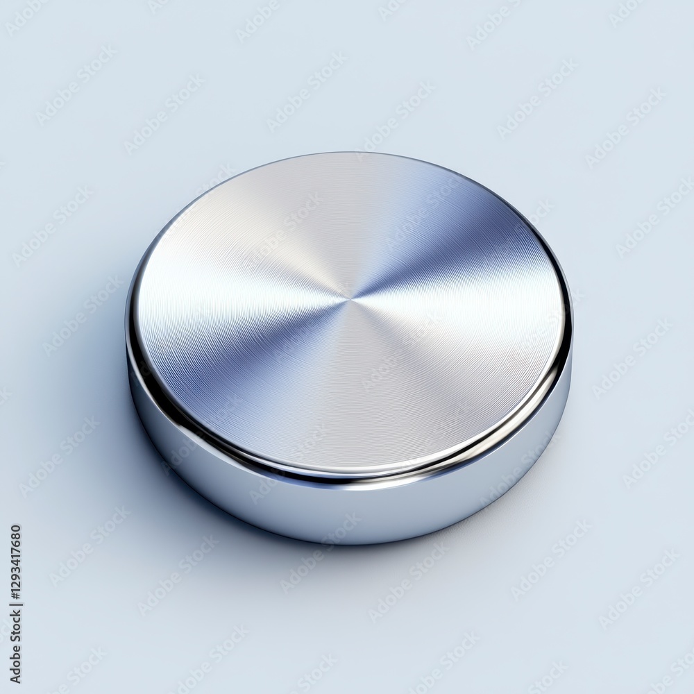 Poster close up view of a metallic, circular object with a brushed silver finish, set against a light blue 