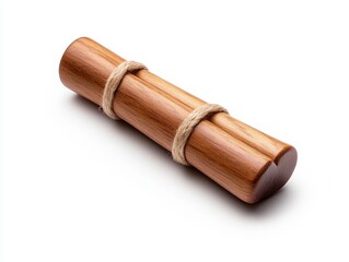 Brown wooden scroll tied with beige rope, isolated on white background. Simple, rustic design