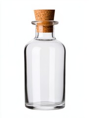 Clear glass bottle with a cork stopper against a white background. Simple, clean design