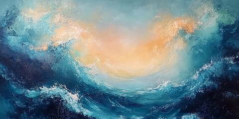 Fototapeta premium Abstract oil painting of ocean waves in light blue, pink, orange, and yellow hues, created using a palette knife, capturing a dynamic and vibrant seascape