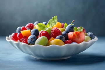 Fresh and colorful fruit salad in a white bowl ready to be served, A delightful combination of nature's sweetness