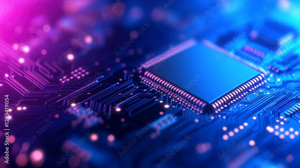 Aufkleber close up view of a circuit board with a central processor chip illuminated in vibrant pink and blue 