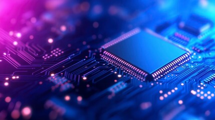 Obraz premium Close up view of a circuit board with a central processor chip illuminated in vibrant pink and blue hues. The image showcases intricate details