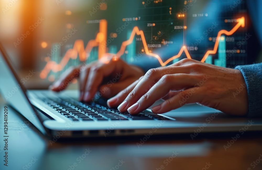 Aufkleber close-up of hands typing on laptop with financial analysis data graph in screen. person analyze inte