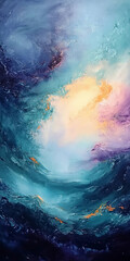 Fototapeta premium Abstract oil painting of ocean waves in light blue, pink, orange, and yellow hues, created using a palette knife, capturing a dynamic and vibrant seascape