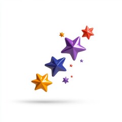 Colorful 3D stars floating on white background. Orange, purple, blue, and red stars of varying sizes create a playful, celebratory feel