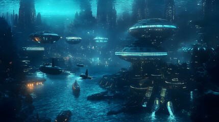 underwater city with glowing bioluminescent architecture, advanced submarines, and aquatic humanoid species 