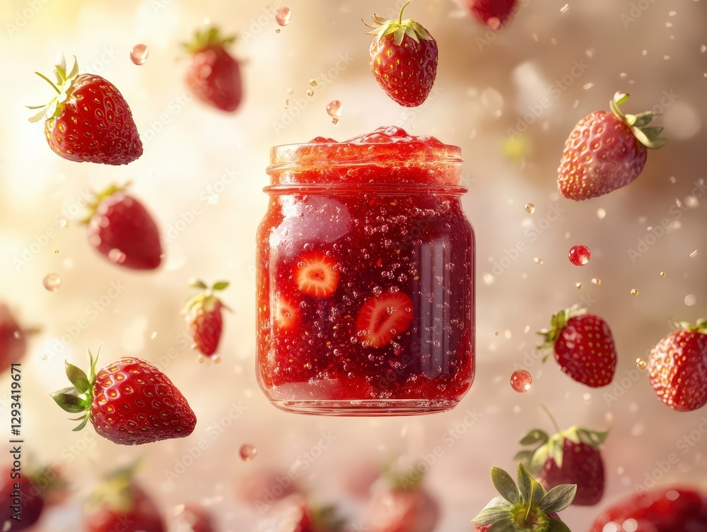 Poster fresh strawberries in jar with splashing juice and flying berries