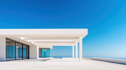 Modern architecture with white walls and blue sky. Minimalist design of a building with clean lines and open spaces.