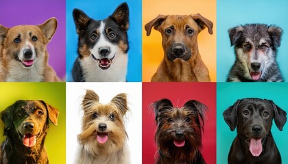 Melody of Canine Charisma A Captivating Collage of Dog Portraits Against a Dynamic Backdrop of Colors, Perfect for Digital Art, Home Decor, and Design Inspiration.