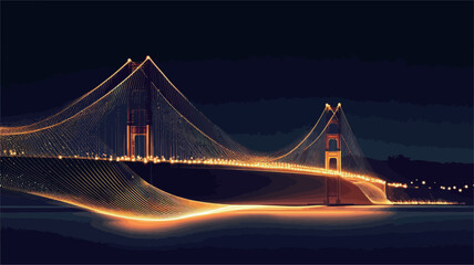 Fototapeta premium The image depicts a stylized representation of a suspension bridge at night. The bridge is brightly illuminated, with warm golden lights tracing its cables and structure. The lights create a