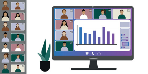 Video call conference, working from home. Colleagues of different nationalities and ages talk to each other on computer screen. Isolated illustration on white background in flat style trendy colors