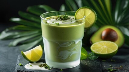 Refreshing avocado smoothie with lime and mint in tropical setting