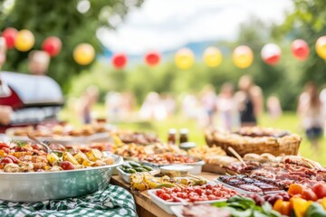 Outdoor barbecue feast community park food photography lush greenery close-up culinary delight