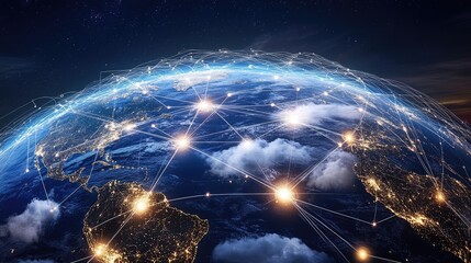 An illuminated globe with cloud network lines connecting different continents.