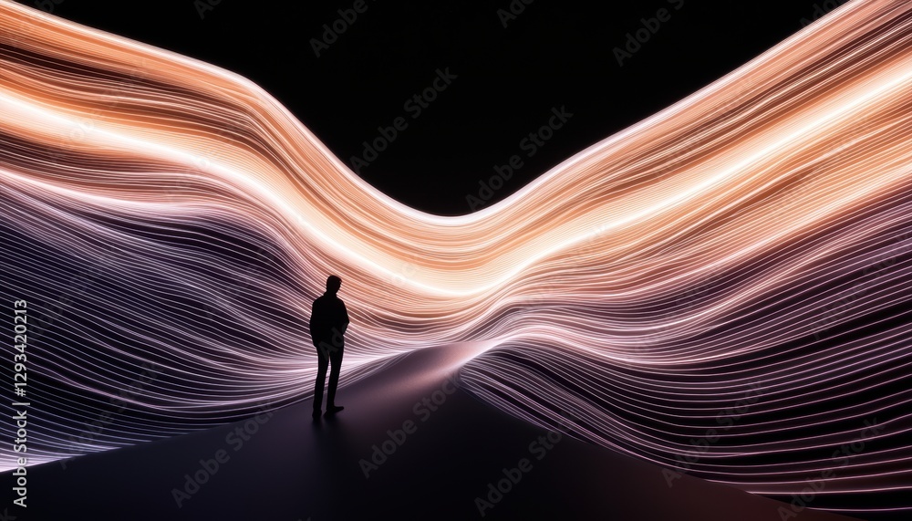 Poster dynamic light waves illuminate an individual in a dark space abstract art digital environment inspir