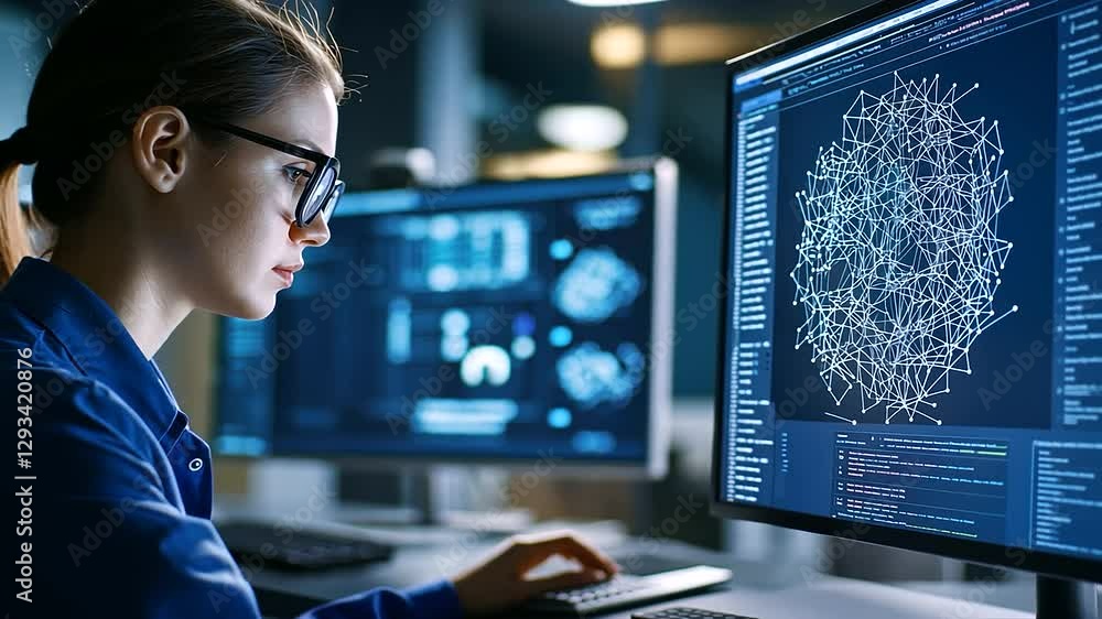 Poster female computer scientist optimizing ai models in research facility