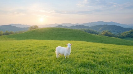 Obraz premium White sheep on grassy hill at sunrise. Scenic landscape. Suitable for nature, travel, or environmental use