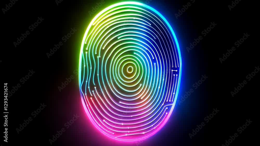 Poster colorful digital fingerprint with neon circuit patterns for biometric security
