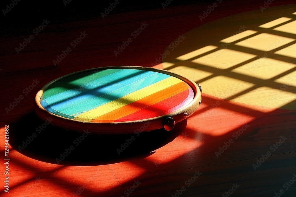 Poster a vibrant circular object with rainbow colors casts a colorful shadow on a surface, illuminated by s