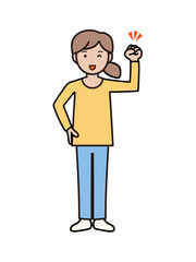 ガッツポーズでやる気満々のパンツルックの若い女性の全身イラスト