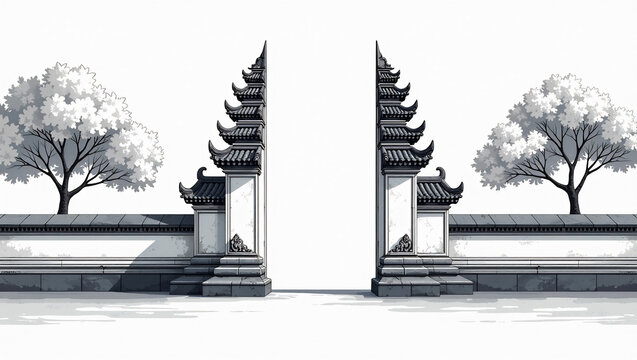 Bali Temples Gates - Minimalist illustration of the split gates (Candi Bentar) of a Balinese temple.