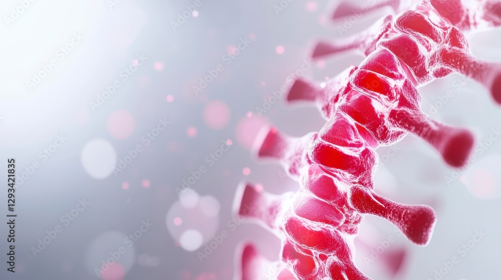 Poster microscopic view of a red and white spinal column with bokeh background. detailed, textured 3d rende