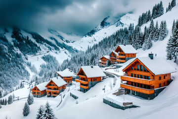 Chalets dans la montagne eneigée