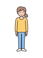 笑顔で正面を向くパンツルックの若い女性の全身イラスト