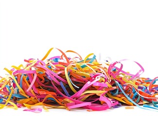 A pile of colorful party streamers and confetti scattered on the floor, against a white background, stock photo. 