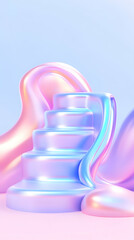 Abstract iridescent steps, pastel colors, fluid shapes, display podium