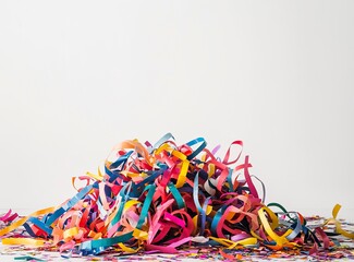 A pile of colorful party streamers and confetti scattered on the floor, against a white background, stock photo. 