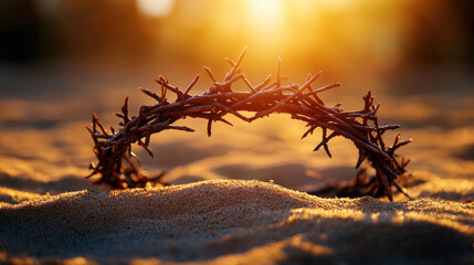 Crown of thorns resting on arid earth, representing Christ's Passion and sacrifice for Good Friday, encouraging deep faith and spiritual reflection. Banner. Copy space