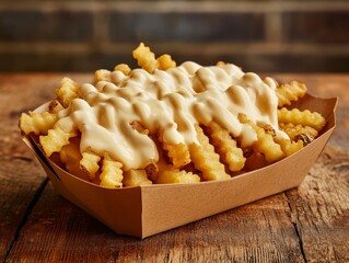 Delicious Loaded Crinkle Cut Fries with Creamy Sauce on Wooden Table