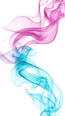 Fototapeta premium Abstract swirling pink and teal smoke on white background.